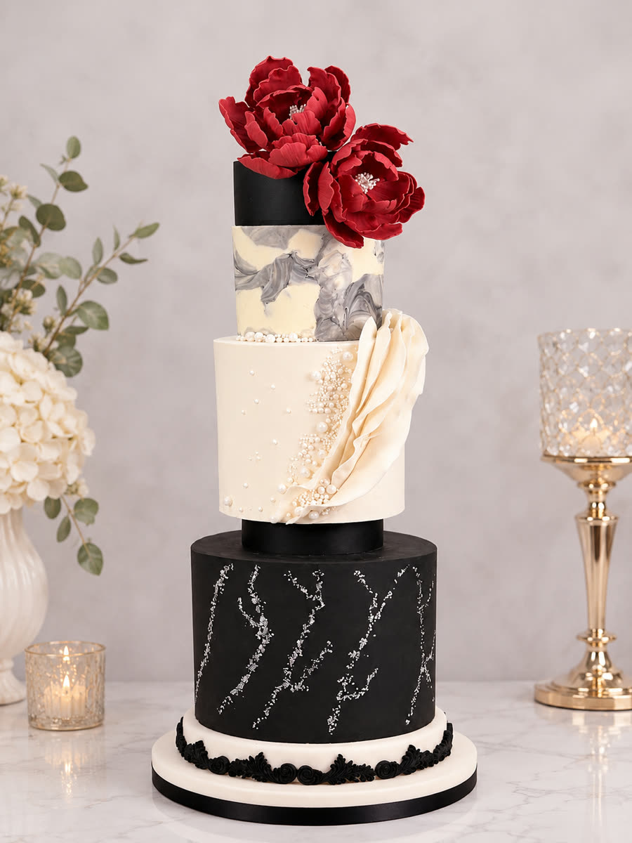 Día 1: la torta completa de cuatro pisos, armada y cubierta en buttercream, con los filos rectos y la estructura que la sostiene